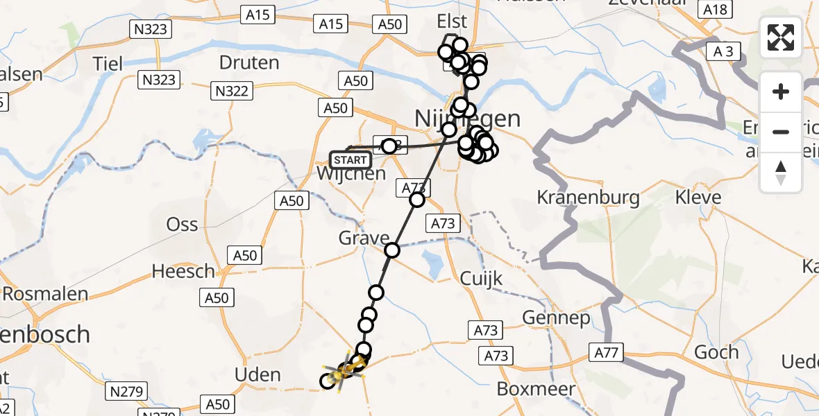 Vluchtroute Traumahelikopter Wijchen - Vliegbasis Volkel, 19 augustus 2026, 20:19