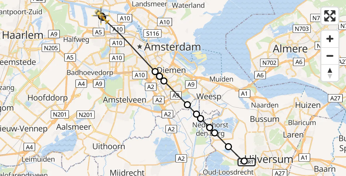 Vluchtroute Traumahelikopter Hilversum - Amsterdam Heliport, 19 augustus 2026, 20:38