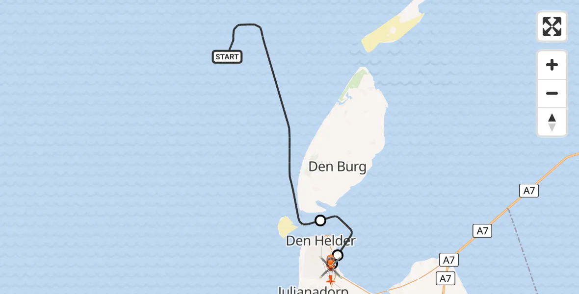 Vluchtroute Kustwachthelikopter Noordzee - Militair vliegveld De Kooy / Den Helder Airport, 19 augustus 2026, 20:55