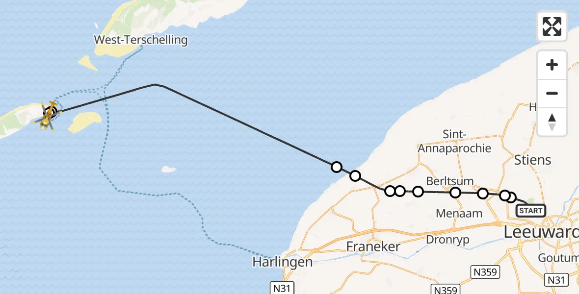 Vluchtroute Ambulancehelikopter Vliegbasis Leeuwarden - Vlieland Heliport, 20 augustus 2026, 03:52