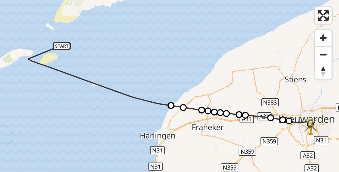 Vluchtroute Ambulancehelikopter Waddenzee - Leeuwarden Medical Center Heliport, 20 augustus 2026, 04:33