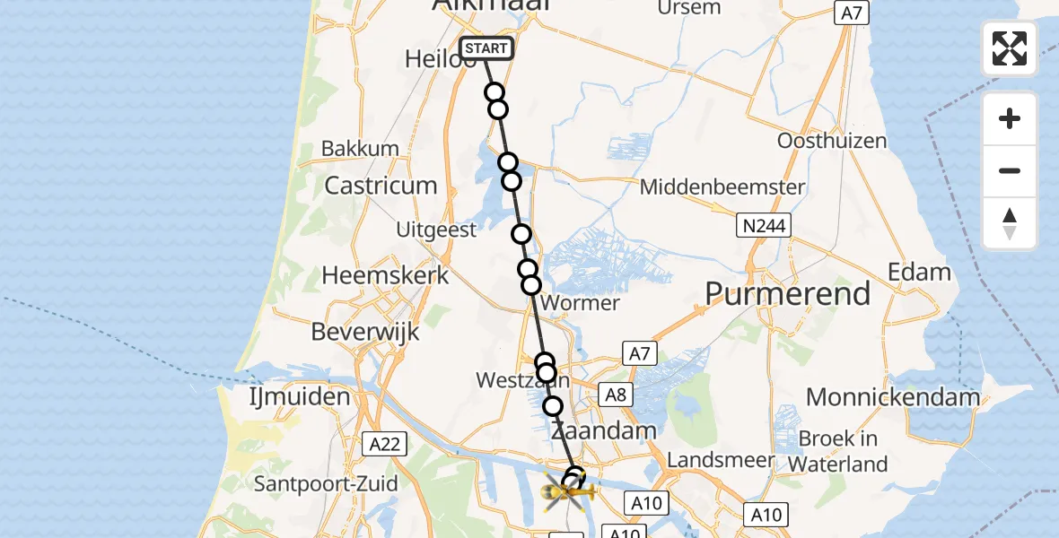 Vluchtroute Traumahelikopter Alkmaar - Amsterdam Heliport, 20 augustus 2026, 05:20