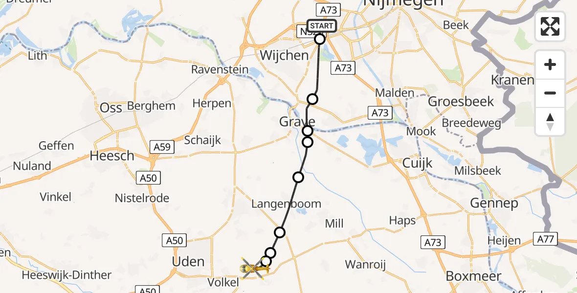 Vluchtroute Traumahelikopter Nijmegen - Vliegbasis Volkel, 20 augustus 2026, 05:48