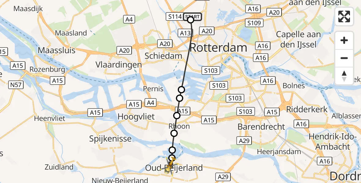 Vluchtroute Traumahelikopter Rotterdam The Hague Airport - Oud-Beijerland, 20 augustus 2026, 08:52