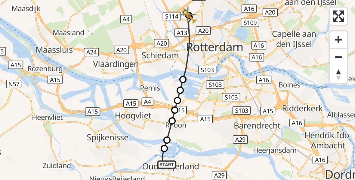 Vluchtroute Traumahelikopter Oud-Beijerland - Rotterdam The Hague Airport, 20 augustus 2026, 09:38