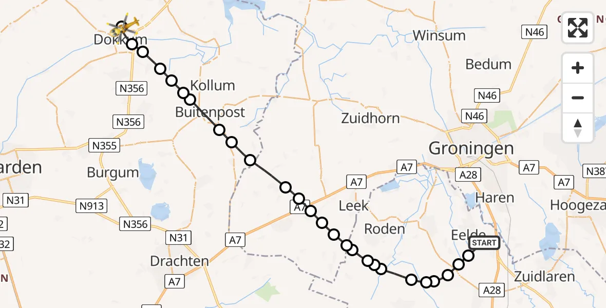 Vluchtroute Traumahelikopter Groningen Airport Eelde - Dokkum, 20 augustus 2026, 09:54