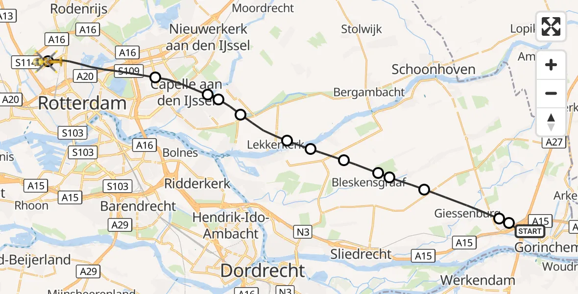 Vluchtroute Traumahelikopter Gorinchem - Rotterdam The Hague Airport, 20 augustus 2026, 11:18
