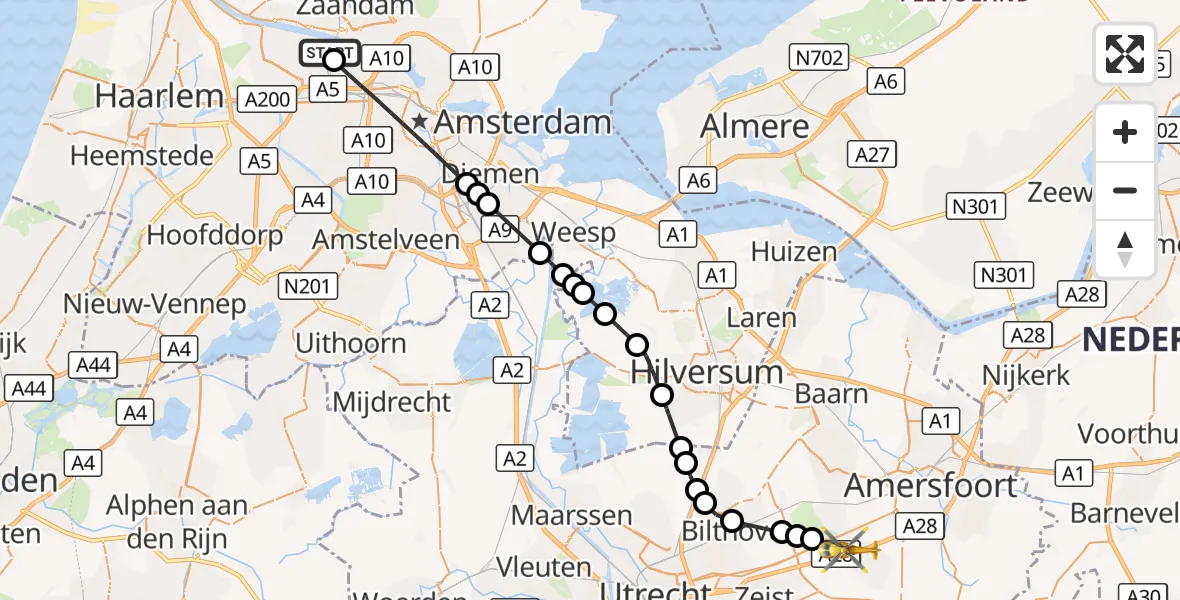 Vluchtroute Traumahelikopter Amsterdam Heliport - Soesterberg, 20 augustus 2026, 11:34