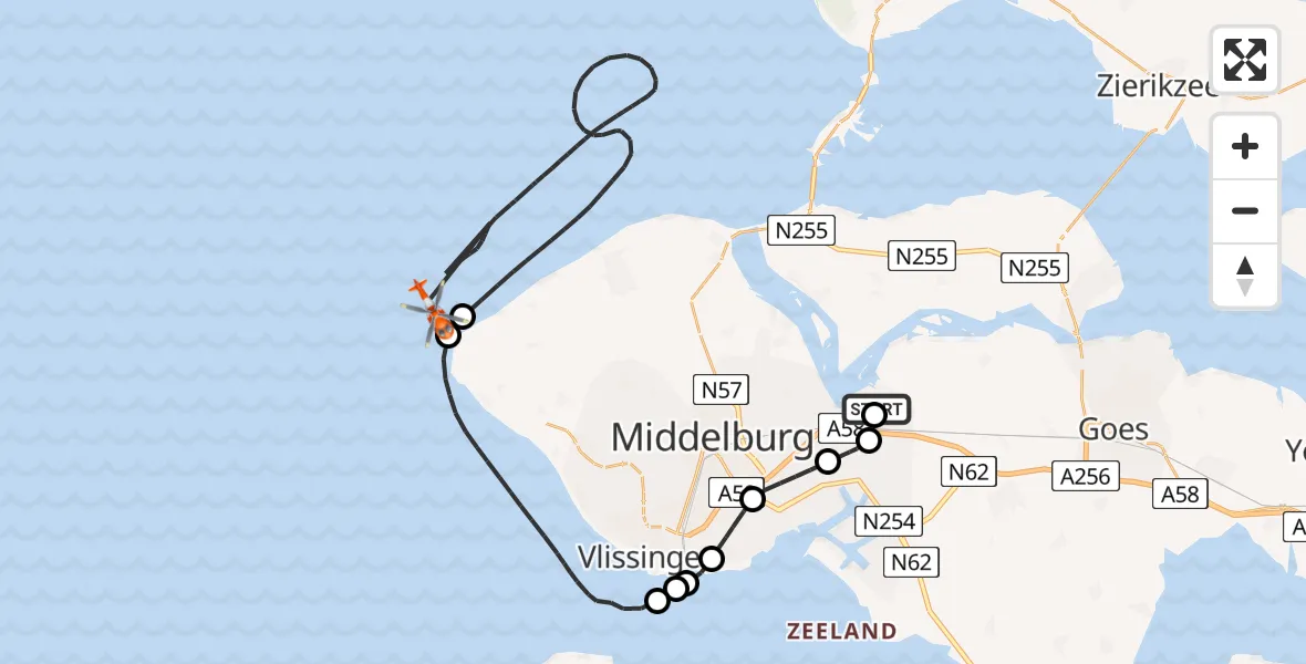 Vluchtroute Kustwachthelikopter Vliegveld Midden-Zeeland - Noordzee, 20 augustus 2026, 12:19