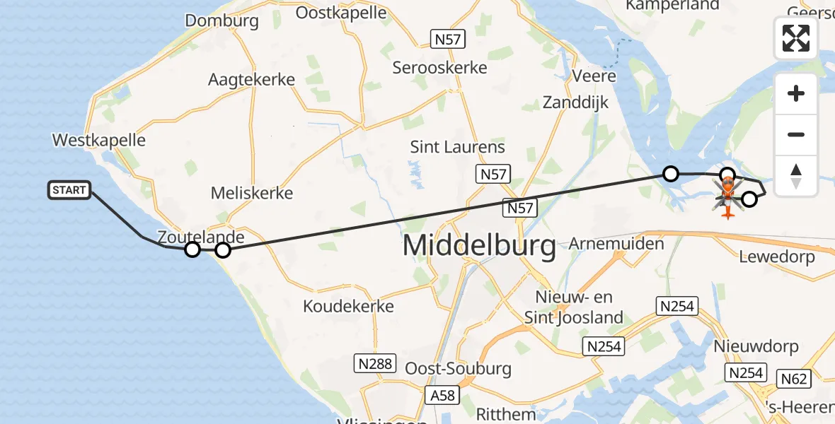Vluchtroute Kustwachthelikopter Noordzee - Vliegveld Midden-Zeeland, 20 augustus 2026, 13:08
