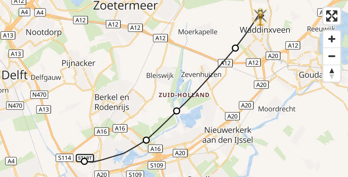 Vluchtroute Traumahelikopter Rotterdam The Hague Airport - Waddinxveen, 20 augustus 2026, 13:17
