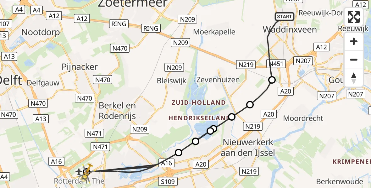 Vluchtroute Traumahelikopter Waddinxveen - Rotterdam The Hague Airport, 20 augustus 2026, 13:40