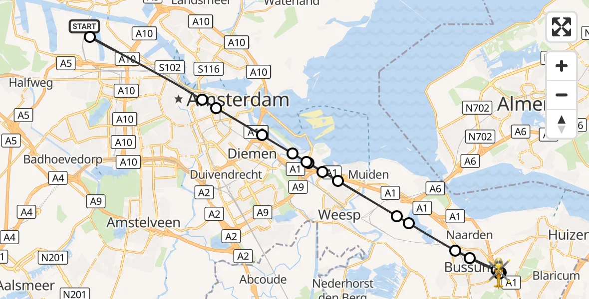 Vluchtroute Traumahelikopter Amsterdam Heliport - Bussum, 20 augustus 2026, 16:03