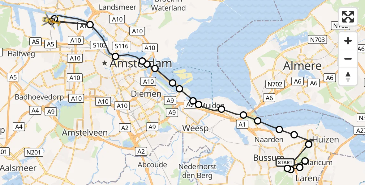 Vluchtroute Traumahelikopter Bussum - Amsterdam Heliport, 20 augustus 2026, 16:27