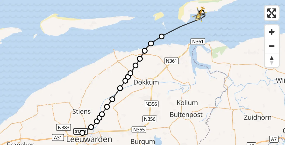 Vluchtroute Ambulancehelikopter Vliegbasis Leeuwarden - Schiermonnikoog Heliport, 20 augustus 2026, 19:01