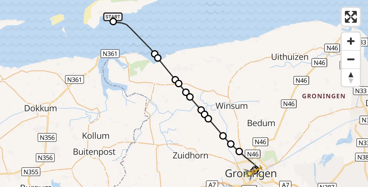 Vluchtroute Ambulancehelikopter Schiermonnikoog Heliport - Universitair Medisch Centrum Groningen, 20 augustus 2026, 19:38