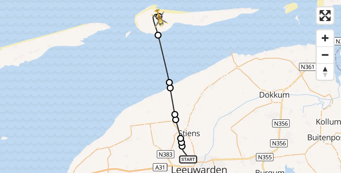 Vluchtroute Ambulancehelikopter Vliegbasis Leeuwarden - Ameland Vliegveld Ballum, 20 augustus 2026, 21:17