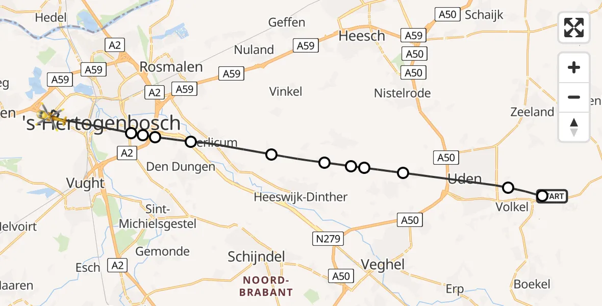 Vluchtroute Traumahelikopter Vliegbasis Volkel - 's-Hertogenbosch, 20 augustus 2026, 22:21