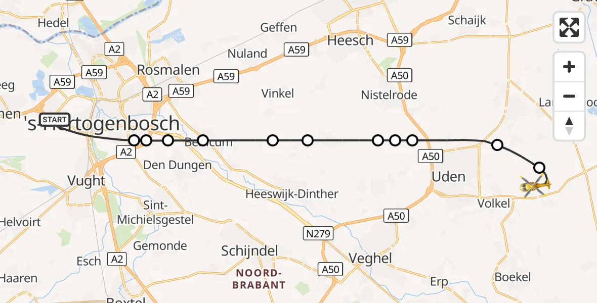 Vluchtroute Traumahelikopter 's-Hertogenbosch - Vliegbasis Volkel, 20 augustus 2026, 22:51