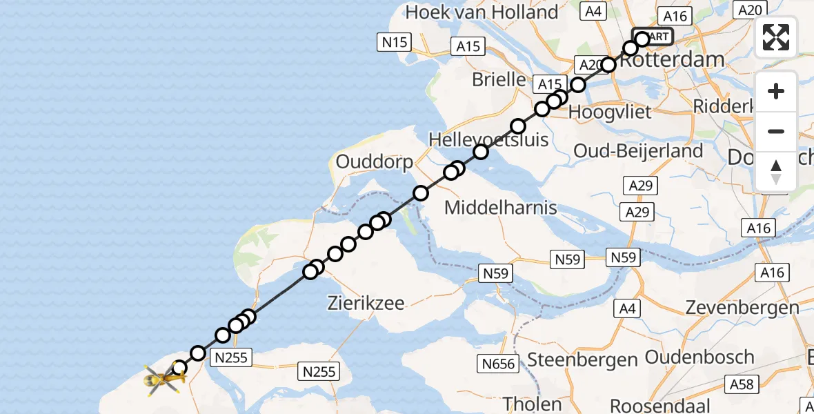 Vluchtroute Traumahelikopter Rotterdam The Hague Airport - Oostkapelle, 20 augustus 2026, 23:47