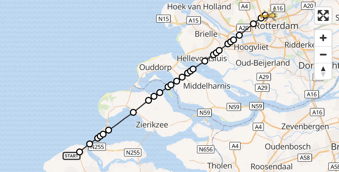 Vluchtroute Traumahelikopter Oostkapelle - Rotterdam The Hague Airport, 21 augustus 2026, 00:39