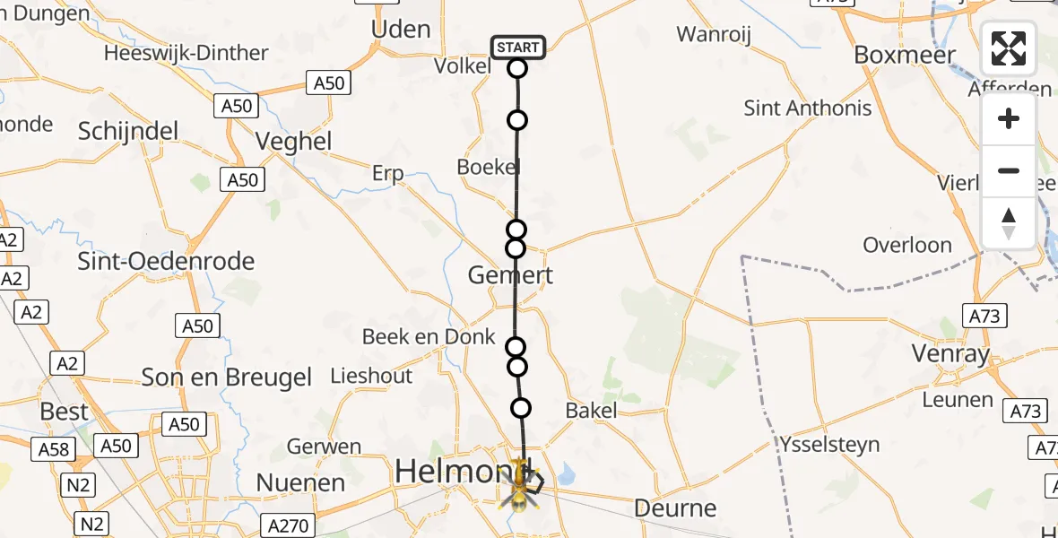 Vluchtroute Traumahelikopter Vliegbasis Volkel - Helmond, 21 augustus 2026, 02:43