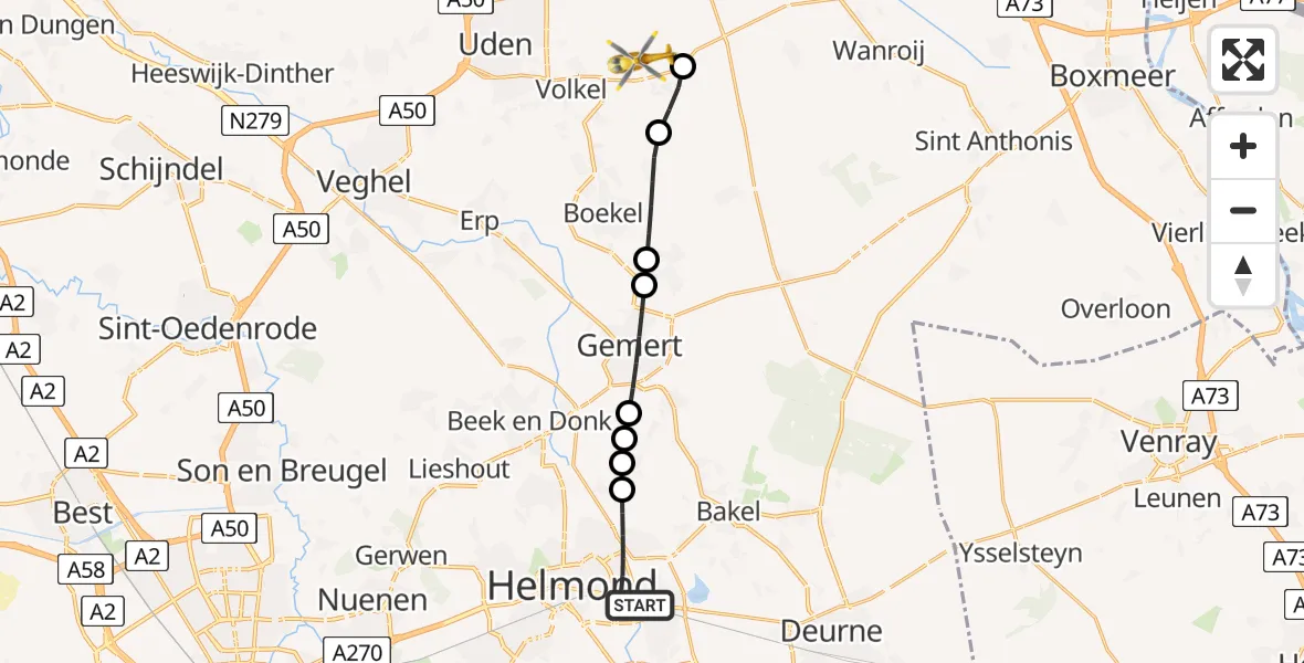 Vluchtroute Traumahelikopter Helmond - Vliegbasis Volkel, 21 augustus 2026, 03:20
