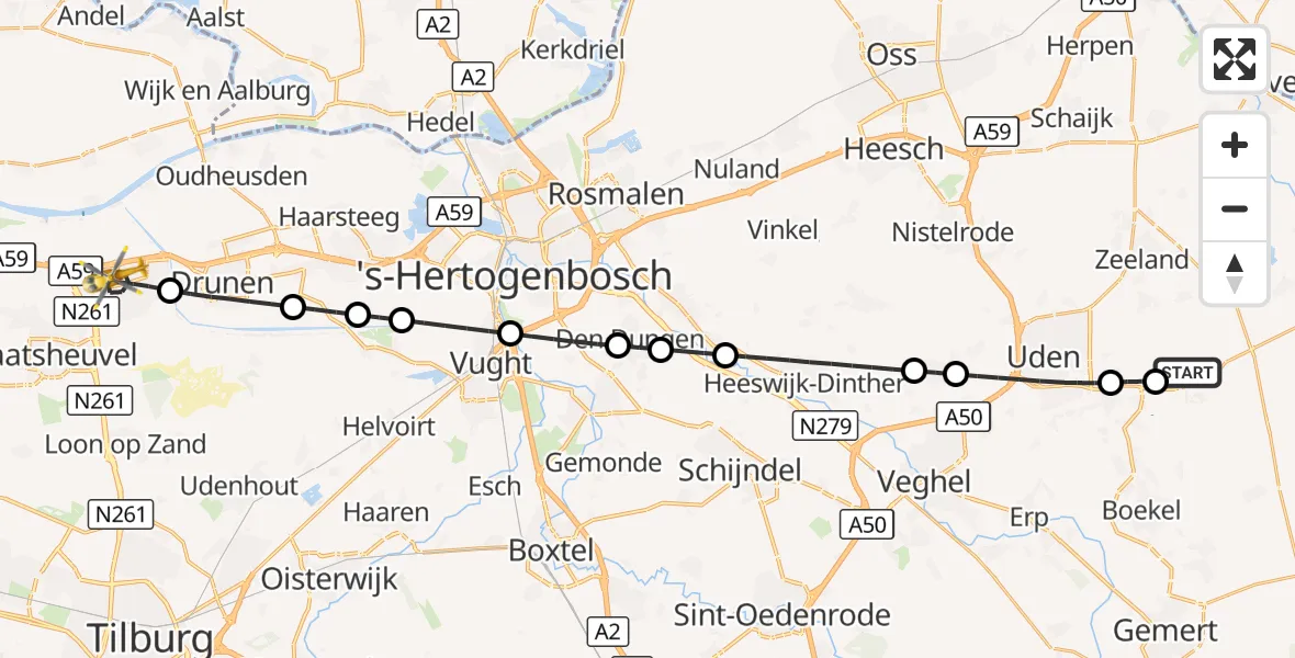 Vluchtroute Traumahelikopter Vliegbasis Volkel - Waalwijk, 21 augustus 2026, 04:24