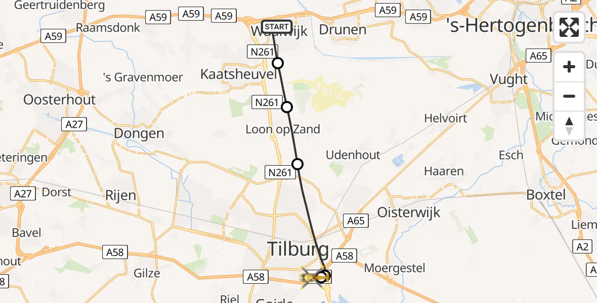 Vluchtroute Traumahelikopter Waalwijk - St. Elisabeth Hospital Heliport, 21 augustus 2026, 05:03