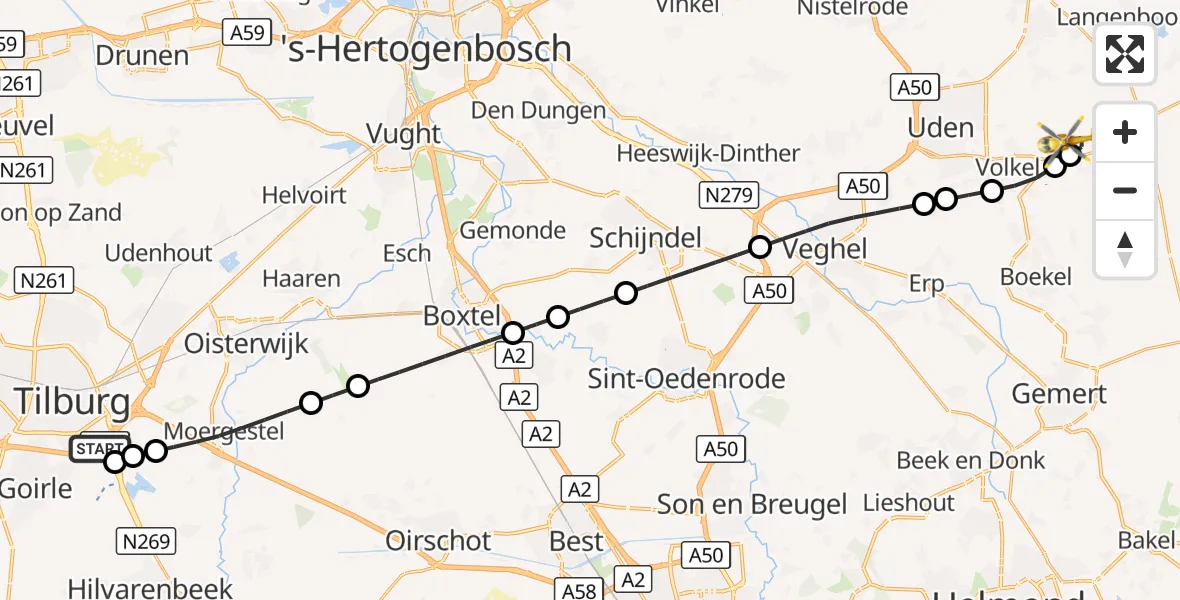 Vluchtroute Traumahelikopter St. Elisabeth Hospital Heliport - Vliegbasis Volkel, 21 augustus 2026, 05:21