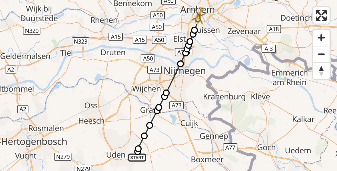 Vluchtroute Traumahelikopter Vliegbasis Volkel - Arnhem, 21 augustus 2026, 06:39