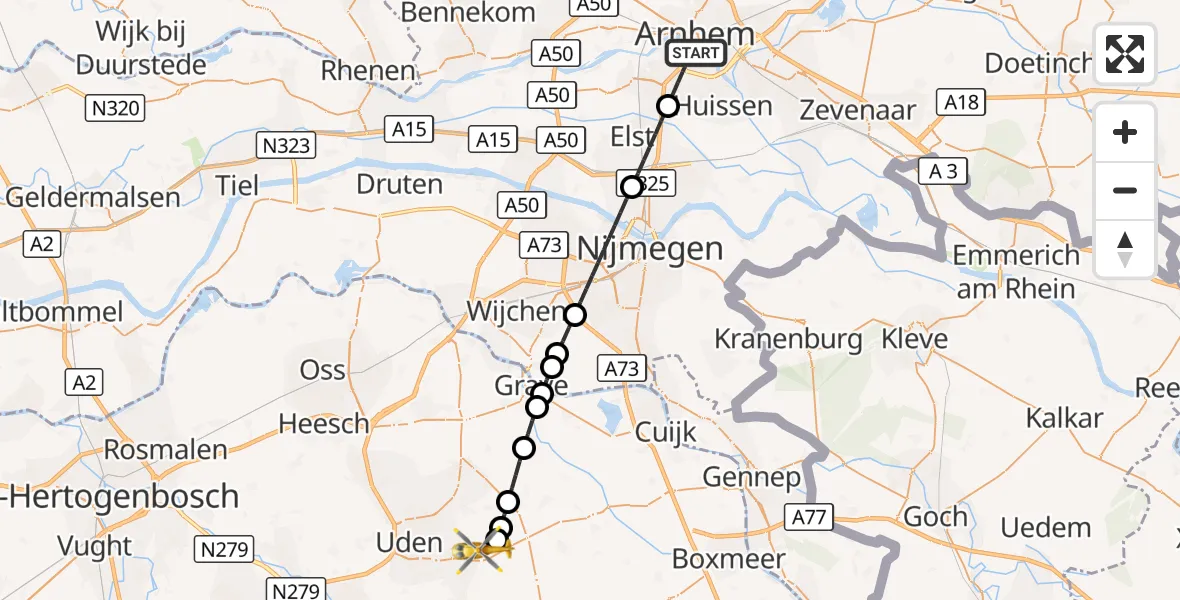Vluchtroute Traumahelikopter Arnhem - Vliegbasis Volkel, 21 augustus 2026, 07:06
