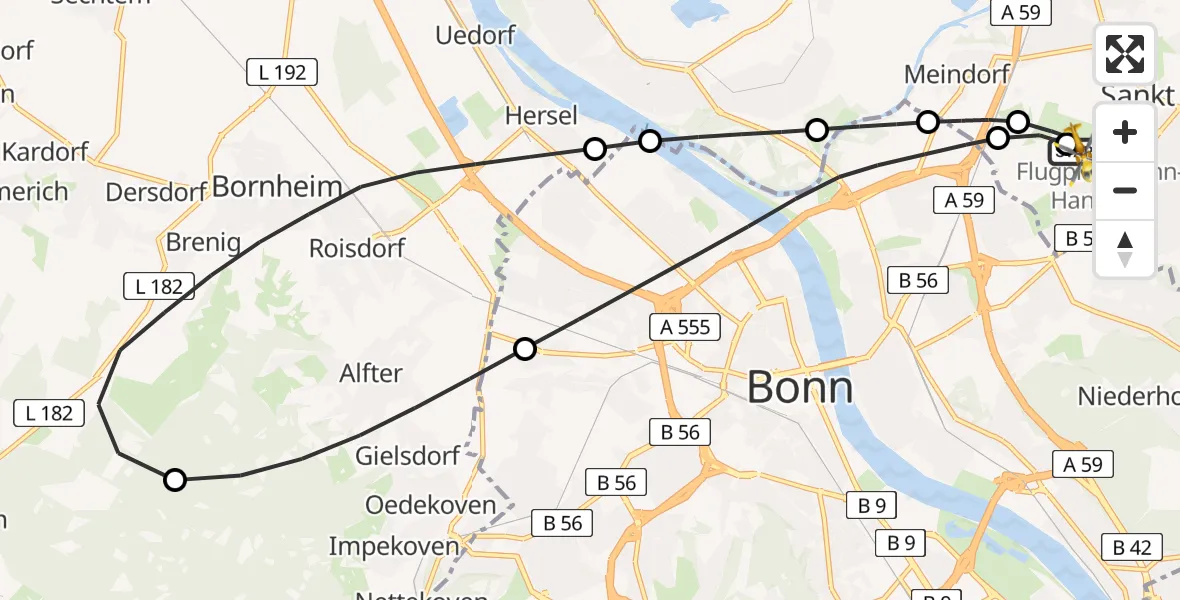 Vluchtroute Traumahelikopter Bonn-Hangelar Flugplatz - Bonn-Hangelar Flugplatz, 21 augustus 2026, 07:39