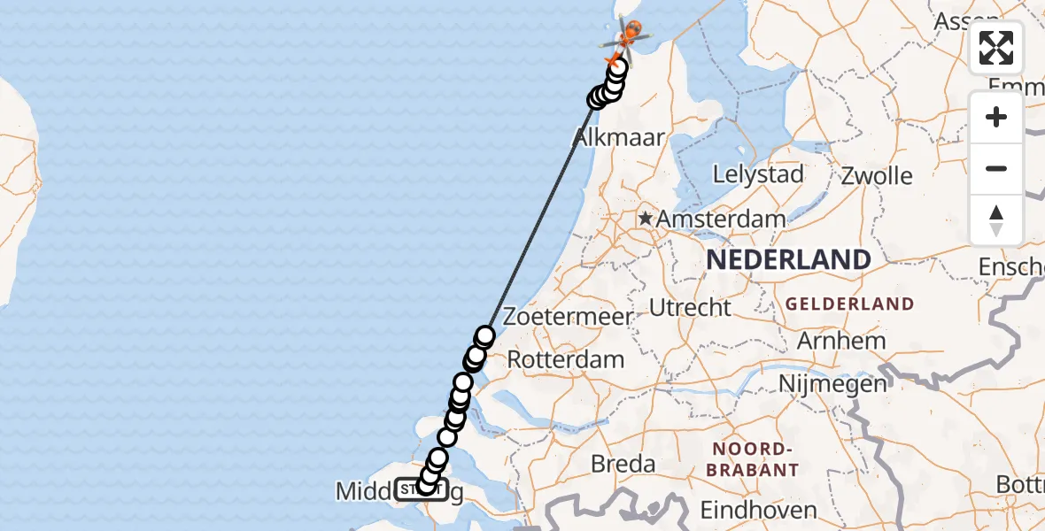 Vluchtroute Kustwachthelikopter Vliegveld Midden-Zeeland - Militair vliegveld De Kooy / Den Helder Airport, 21 augustus 2026, 07:53