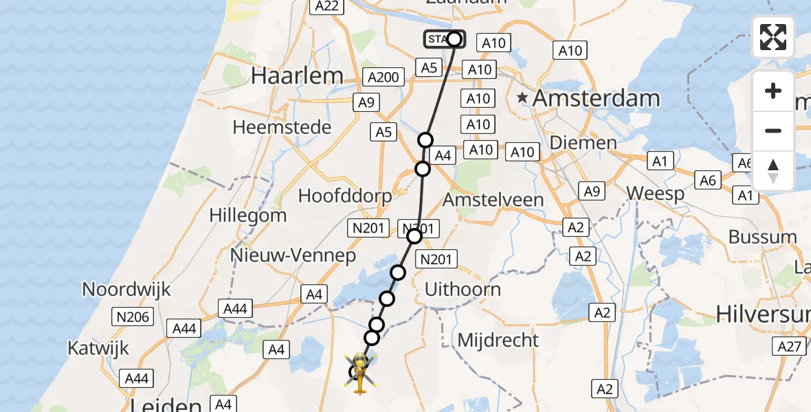 Vluchtroute Traumahelikopter Amsterdam Heliport - Ter Aar, 21 augustus 2026, 08:09
