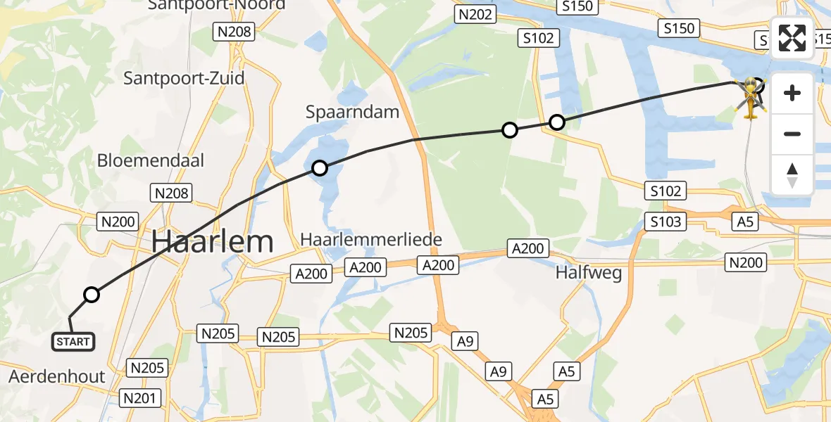 Vluchtroute Traumahelikopter Aerdenhout - Amsterdam Heliport, 21 augustus 2026, 09:53