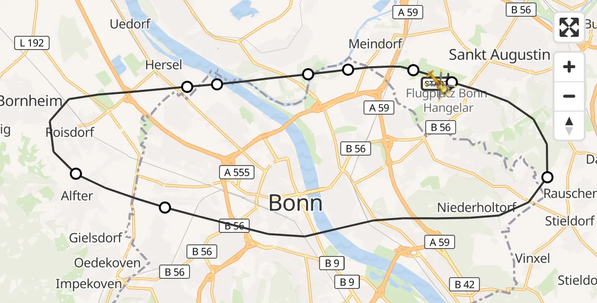 Vluchtroute Traumahelikopter Bonn-Hangelar Flugplatz - Bonn-Hangelar Flugplatz, 21 augustus 2026, 10:05
