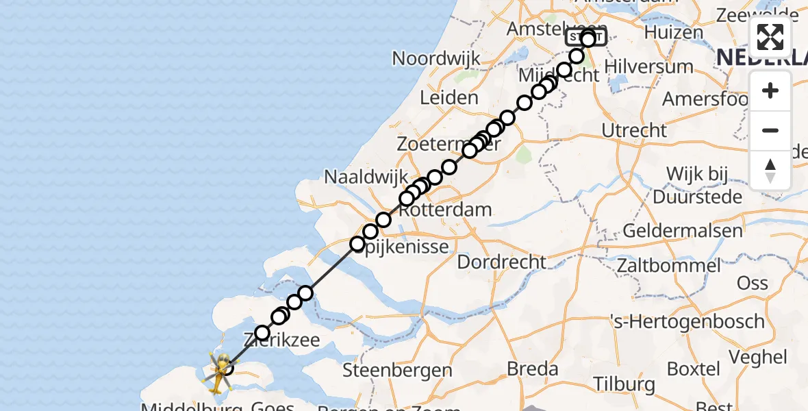 Vluchtroute Traumahelikopter Amsterdam UMC Helipad - Kamperland, 21 augustus 2026, 10:14