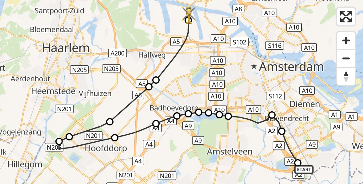 Vluchtroute Traumahelikopter Amsterdam UMC Helipad - Amsterdam Heliport, 21 augustus 2026, 10:51