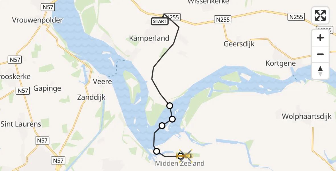 Vluchtroute Traumahelikopter Kamperland - Vliegveld Midden-Zeeland, 21 augustus 2026, 10:59