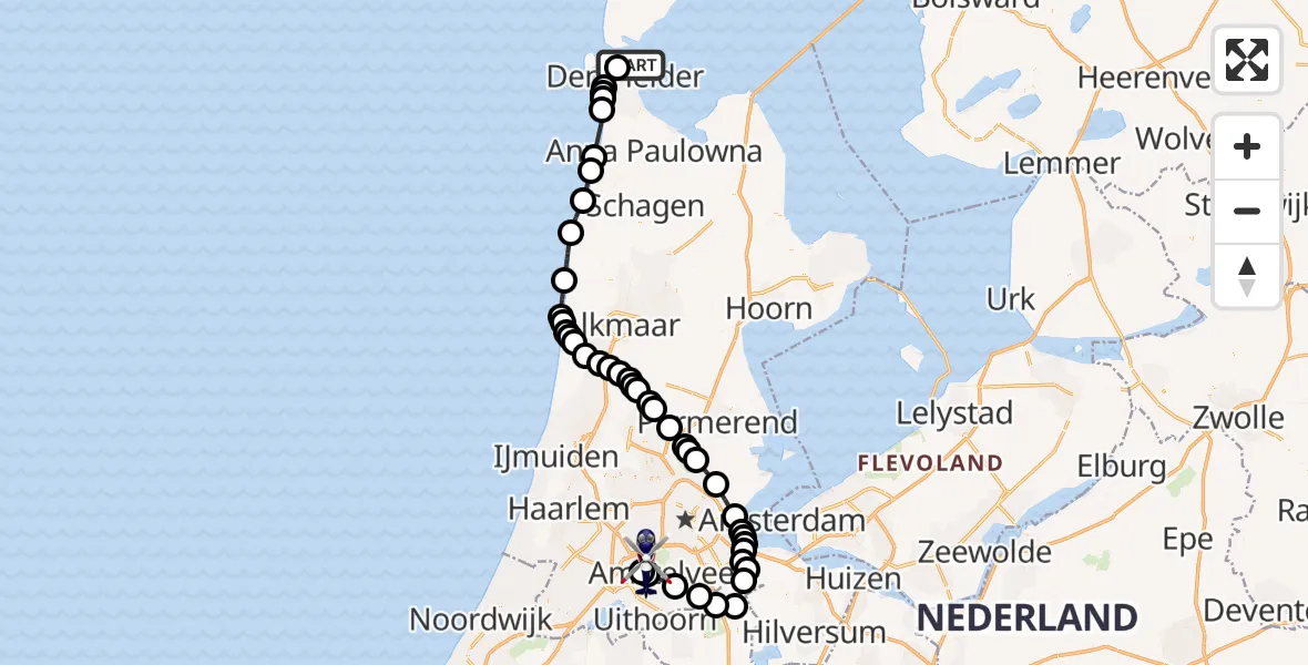 Vluchtroute Politiehelikopter Waddenzee - Amsterdam Vliegveld Schiphol, 21 augustus 2026, 11:03