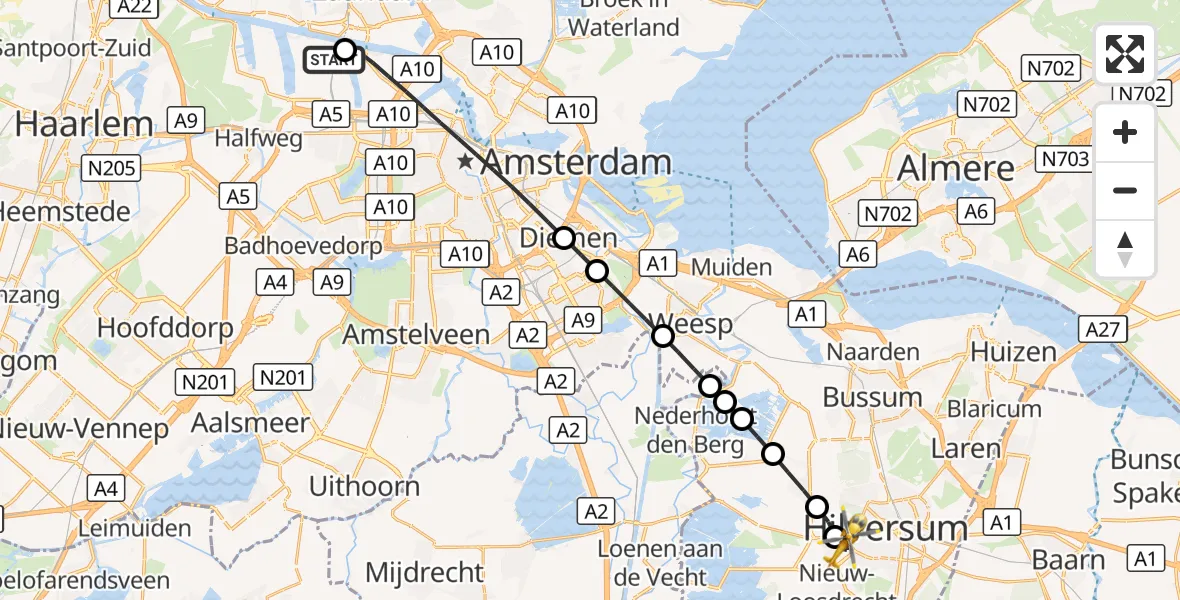 Vluchtroute Traumahelikopter Amsterdam Heliport - Hilversum, 21 augustus 2026, 12:20