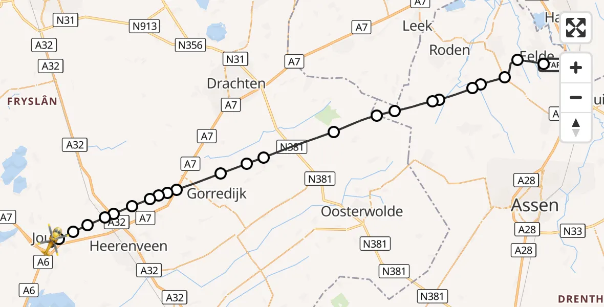 Vluchtroute Traumahelikopter Groningen Airport Eelde - Joure, 21 augustus 2026, 12:22