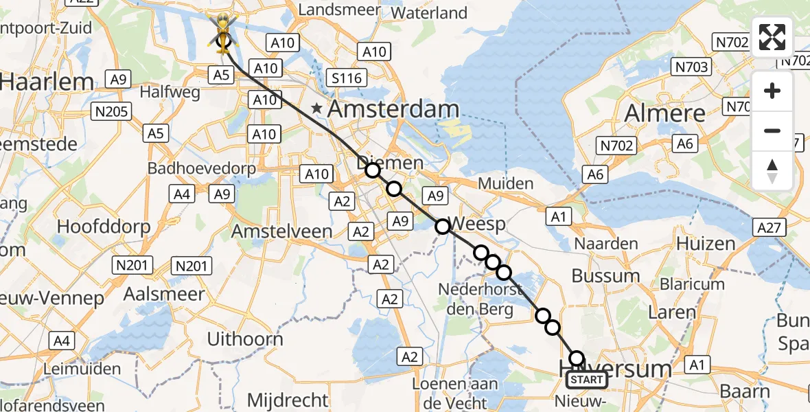 Vluchtroute Traumahelikopter Hilversum - Amsterdam Heliport, 21 augustus 2026, 12:45