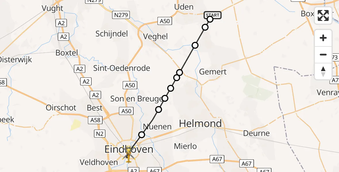 Vluchtroute Traumahelikopter Vliegbasis Volkel - Eindhoven, 21 augustus 2026, 13:10
