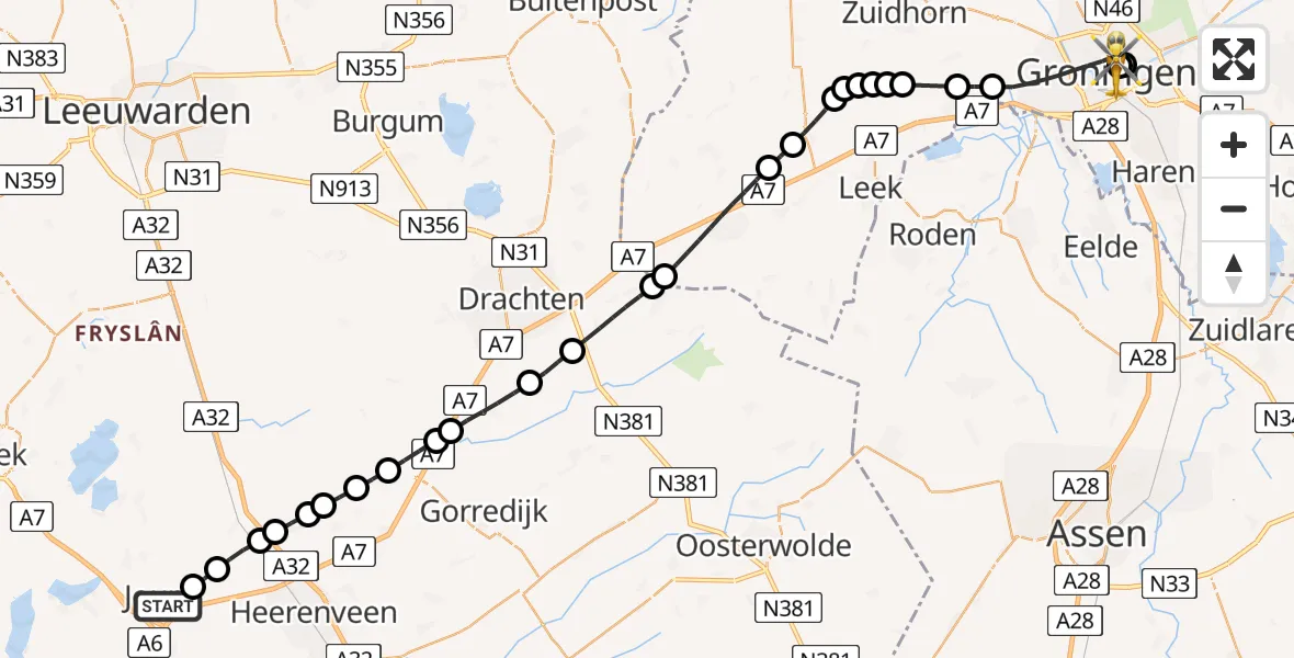 Vluchtroute Traumahelikopter Joure - Universitair Medisch Centrum Groningen, 21 augustus 2026, 13:15