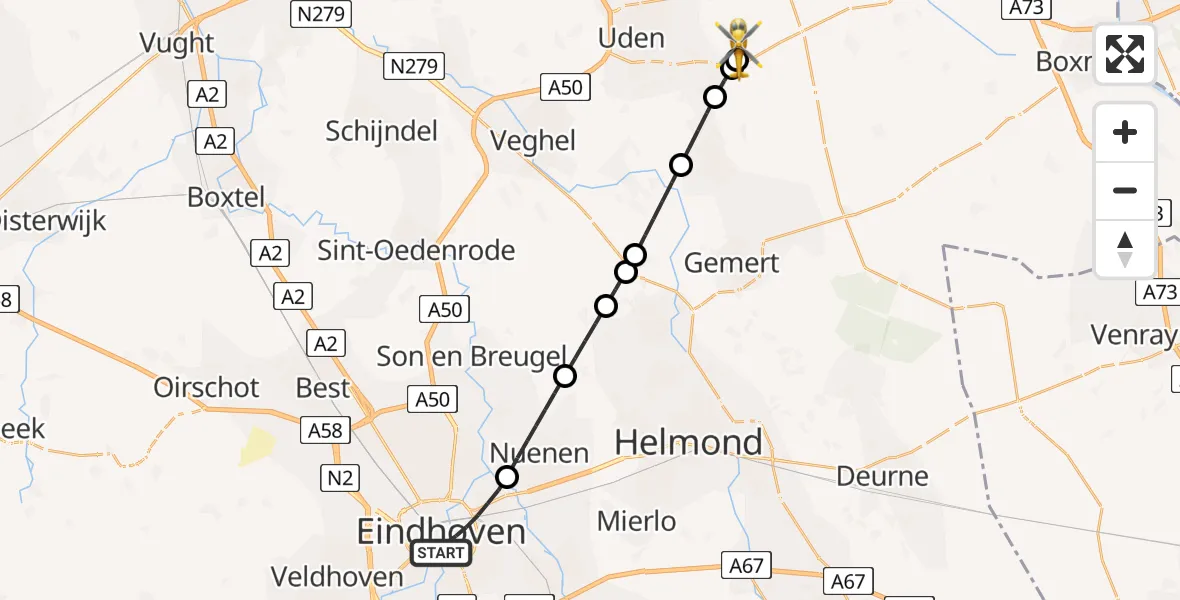 Vluchtroute Traumahelikopter Eindhoven - Vliegbasis Volkel, 21 augustus 2026, 13:29