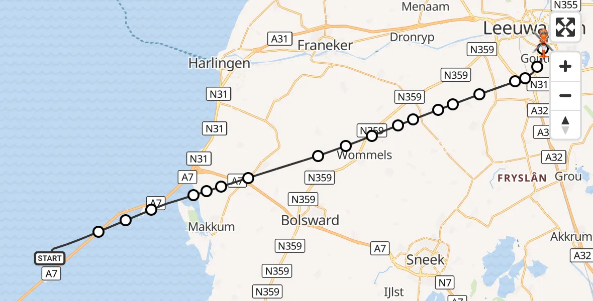 Vluchtroute Kustwachthelikopter Waddenzee - Leeuwarden Medical Center Heliport, 21 augustus 2026, 14:02