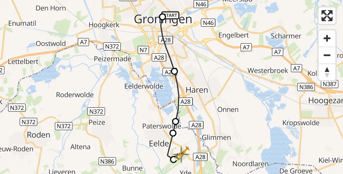 Vluchtroute Traumahelikopter Universitair Medisch Centrum Groningen - Groningen Airport Eelde, 21 augustus 2026, 14:04