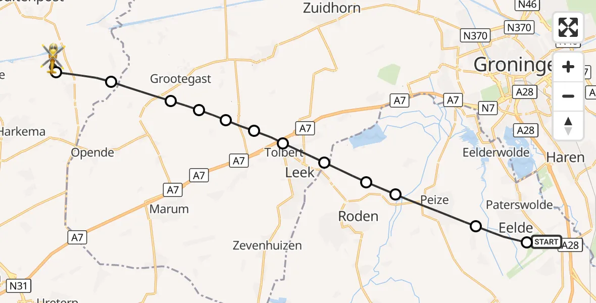 Vluchtroute Traumahelikopter Groningen Airport Eelde - Augustinusga, 21 augustus 2026, 14:18